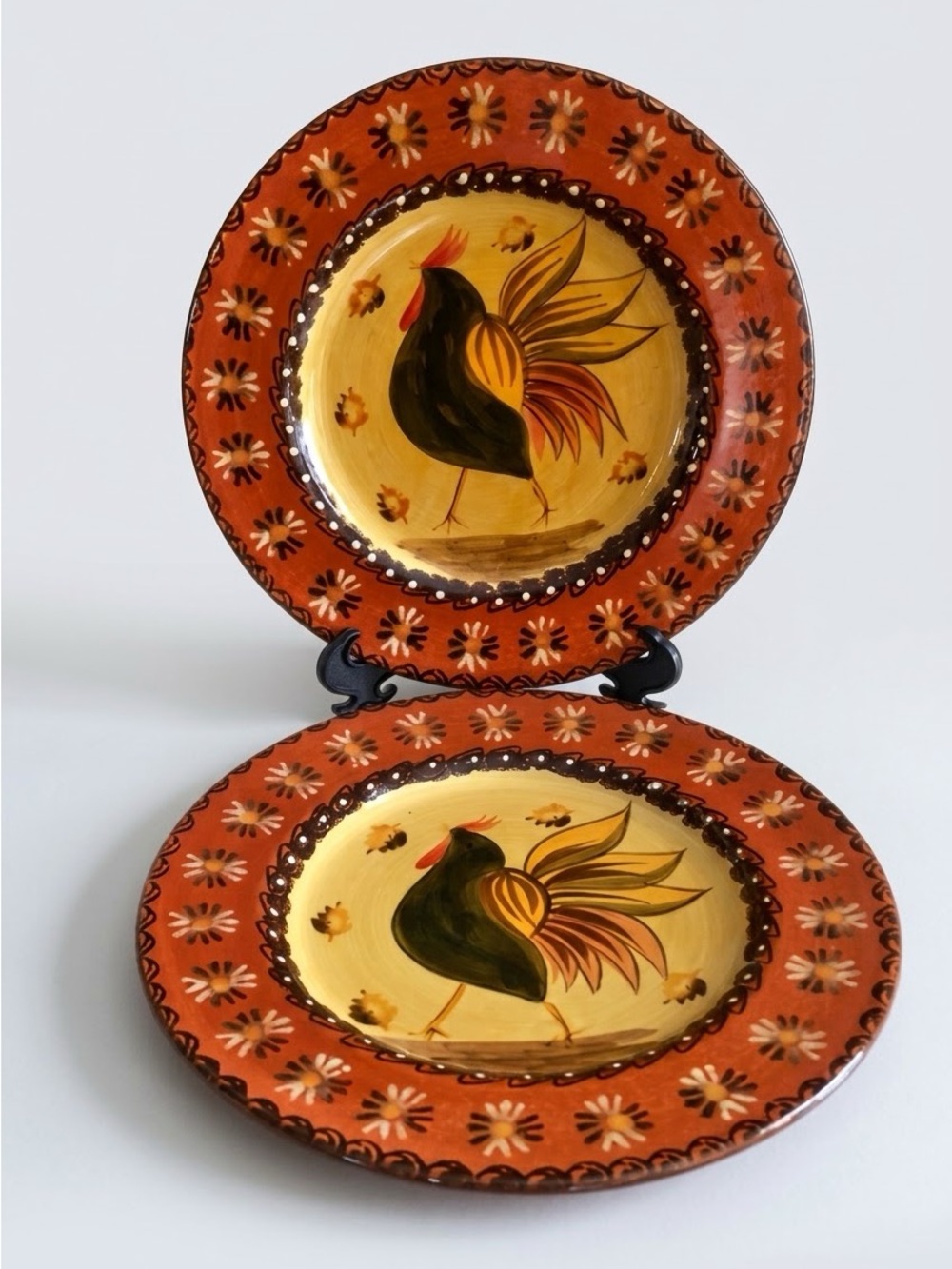Folk Art Rooster Hand Painted Salad Dessert Plates 8" Inch Tuscan Rustic Farm